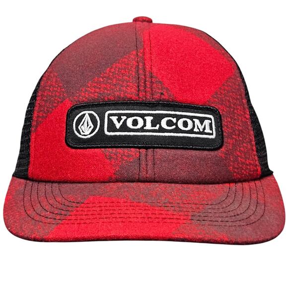 Volcom Red Plaid Wool Blend Trucker Hat Snapback Cap Mesh Back Skate Streetwear - Picture 1 of 9